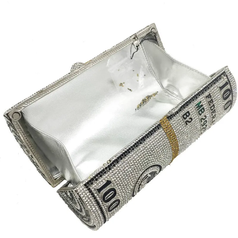  Luxury New Design Woman Roll Diamond Money Bag Purse Clutch 100 Dollar Handbag Ladies Evening Rhinestone