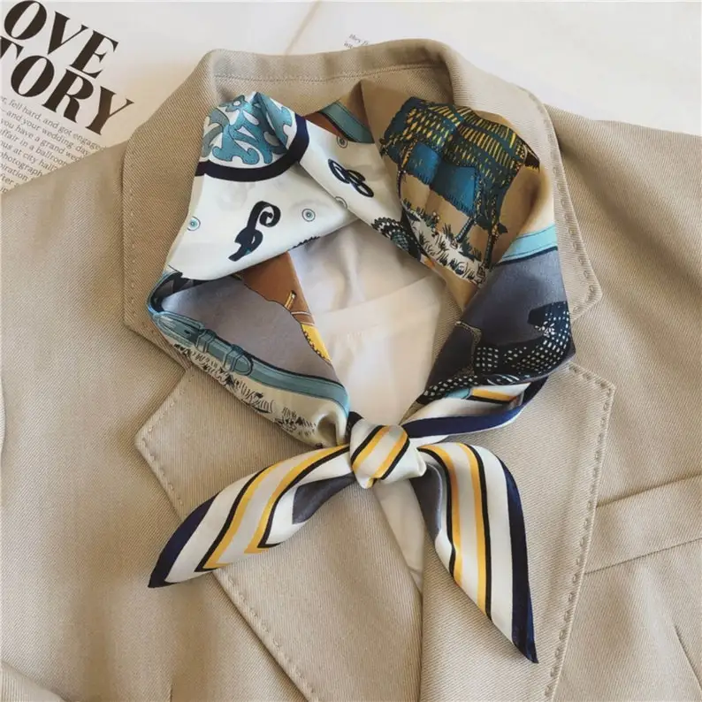 Custom Printed Wholesale Western Lifestyle Vintage Cowgirl Ladies Square Neckerchief Satin Silk Scarf for Women