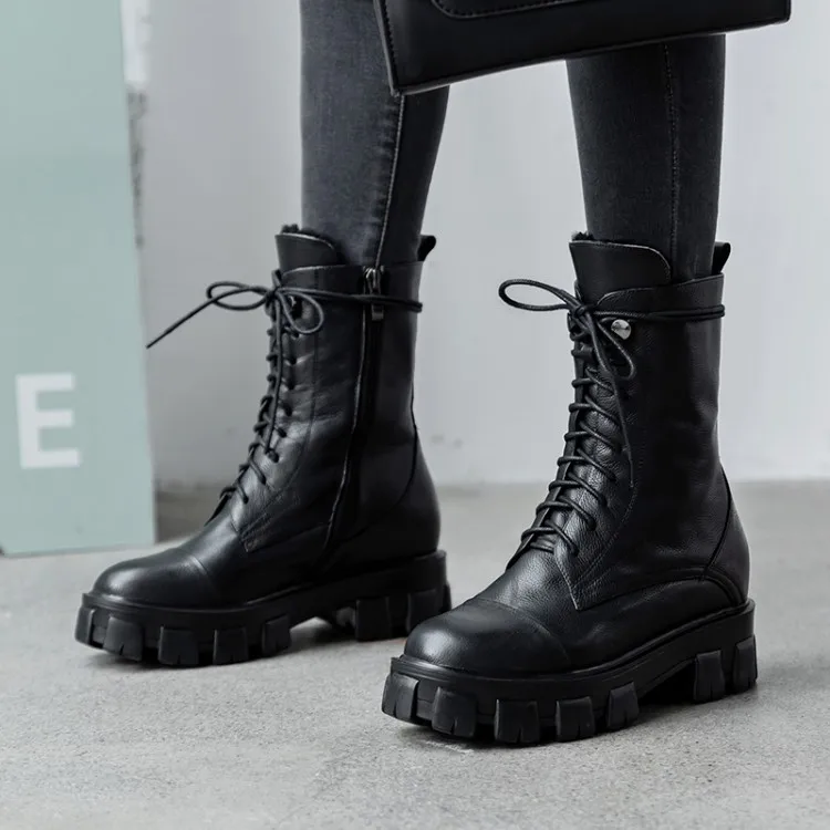 Pure wool snowshoes for women leather thick-soled lace-up boots for women plus size 40 41-43 cowhide medium boots for women