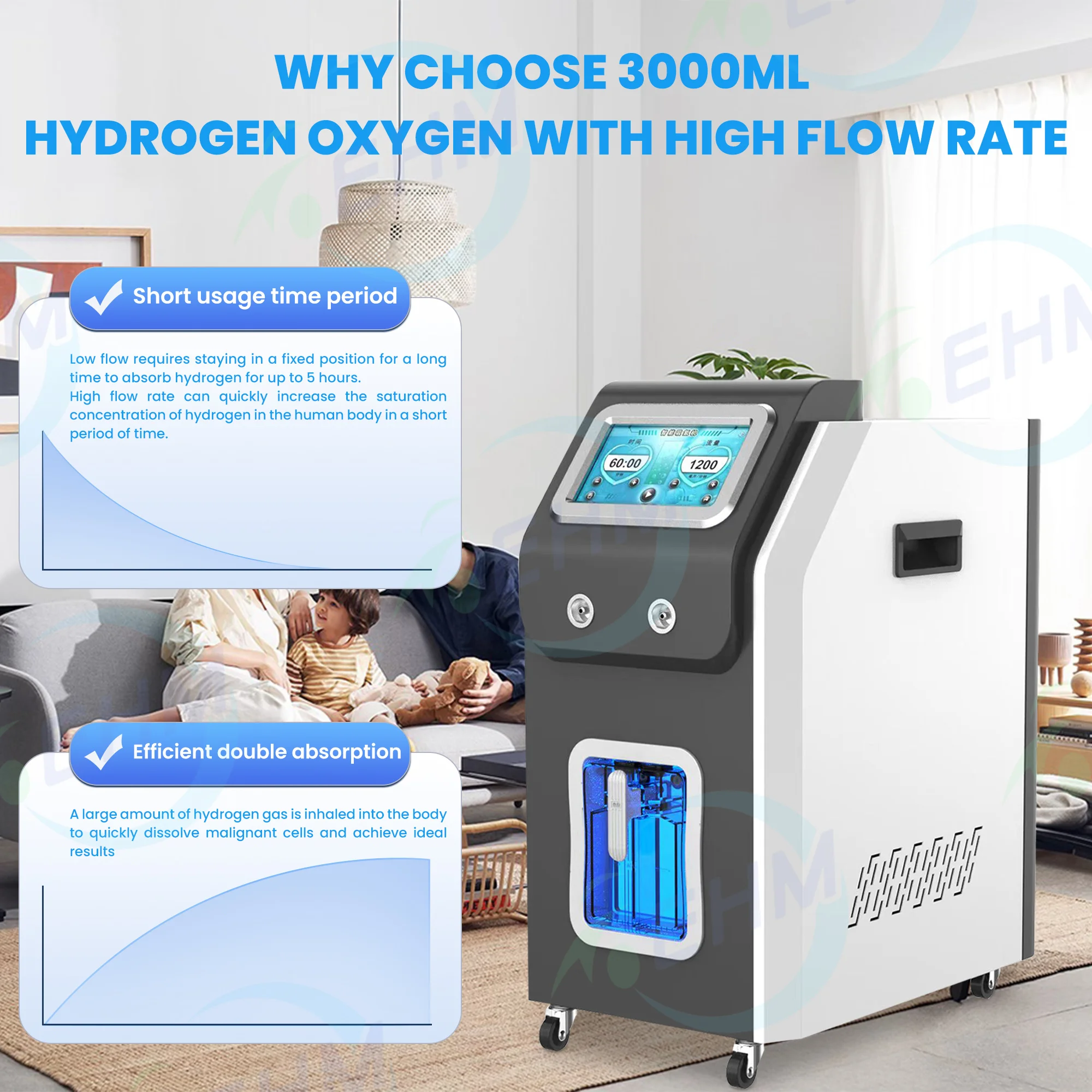 High Purity 99.99% Hydrogen Inhalation Machine 4500ML/MIN Low Noise with 3000 H+1500 PEM Technology for Hotels and Travel