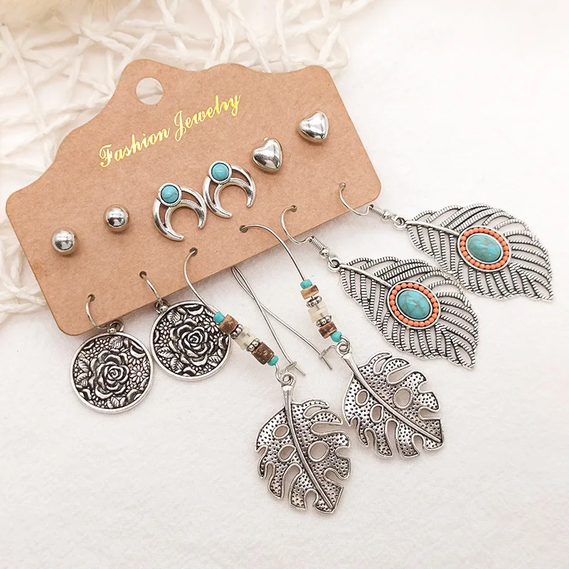 6pair/card Vintage Antique Silver Plated Heart Moon Stud Palm Leaf Starfish Beach Shell Pendant Women Boho Earring Set Jewelry