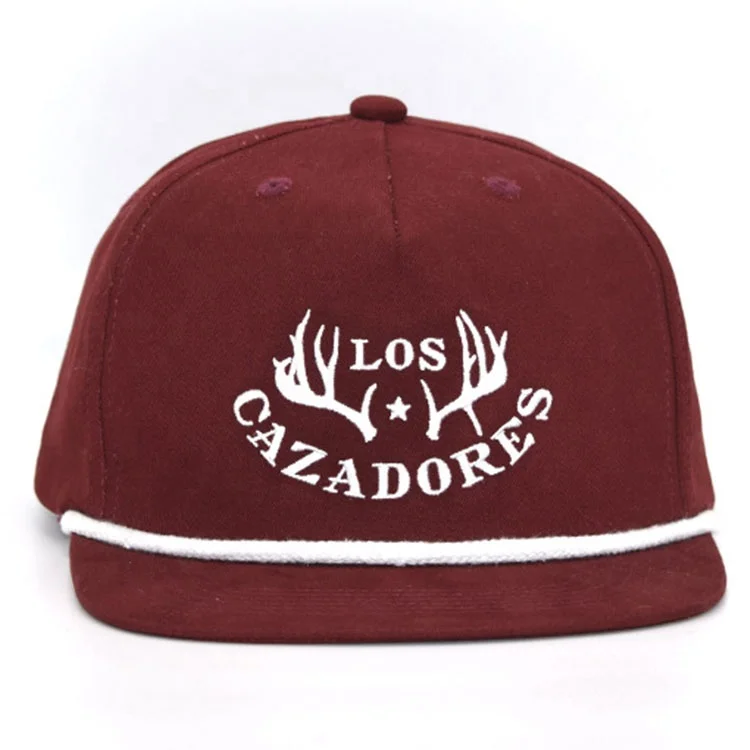 Custom Unstructured 5 Panel Embroidery Woven Patch Snapback Cap With Rope Flat bill Hat