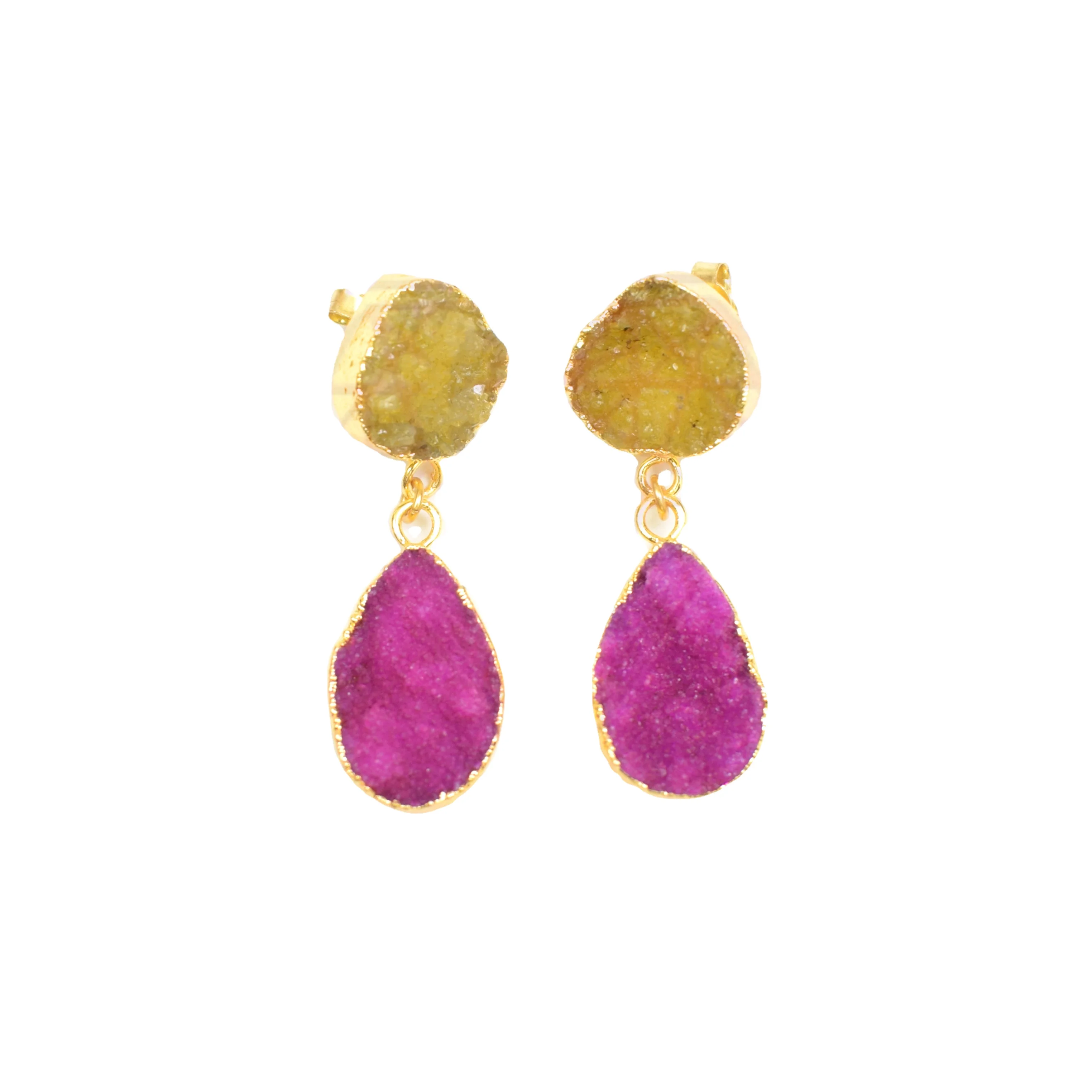 Pink Yellow Druzy Natural Multi Gemstone Handmade  Gold Plated Jewelry Statement Making Fashion Stud Earring