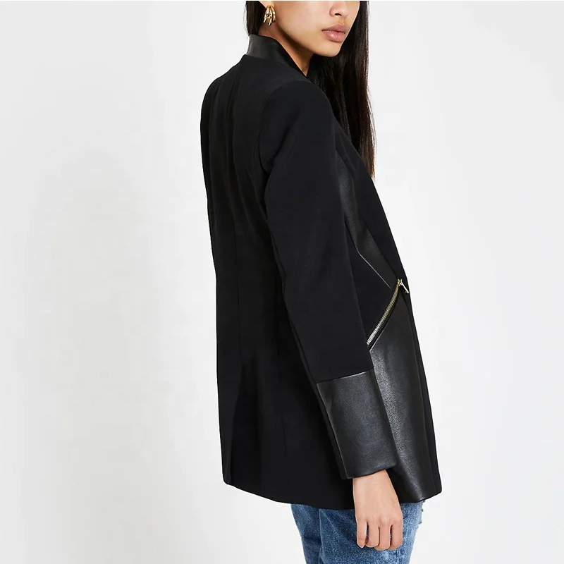 OEM office elegant  black suit jacket blocked zip pocket blazer Open front