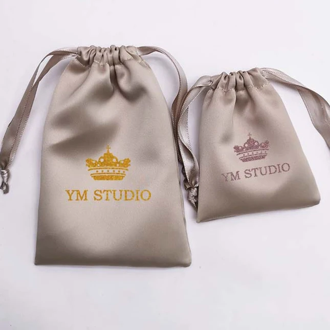 Gift Packaging Hair Wig Silk Bag Satin Drawstring Satin Bags Custom Golden Logo Dust Bag for Packaging