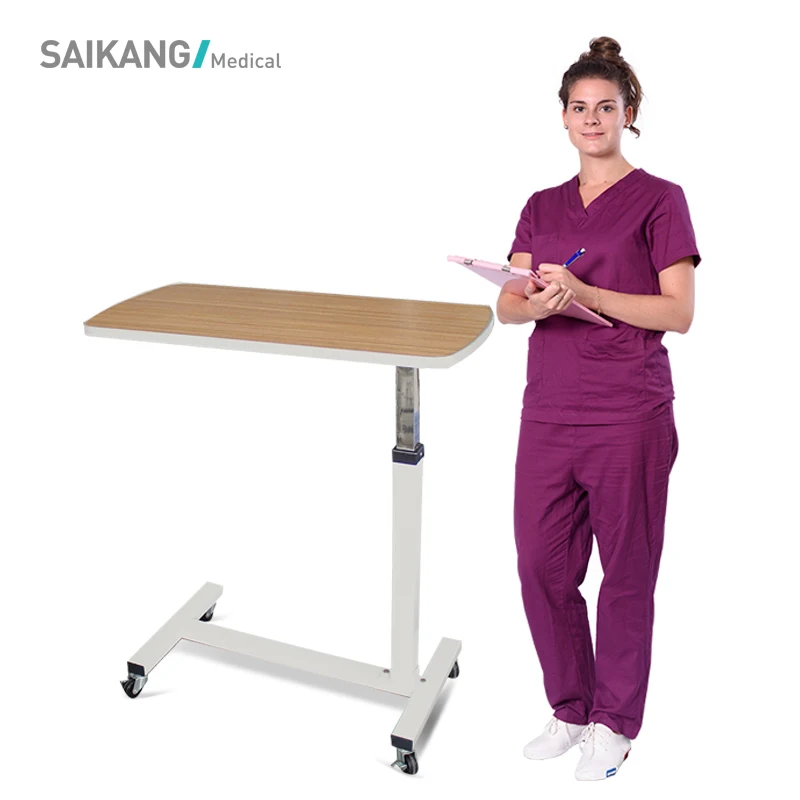 SKH042 Durable Movable Wooden Hospital Furniture Adjustable Medical OverBed Table with Casters