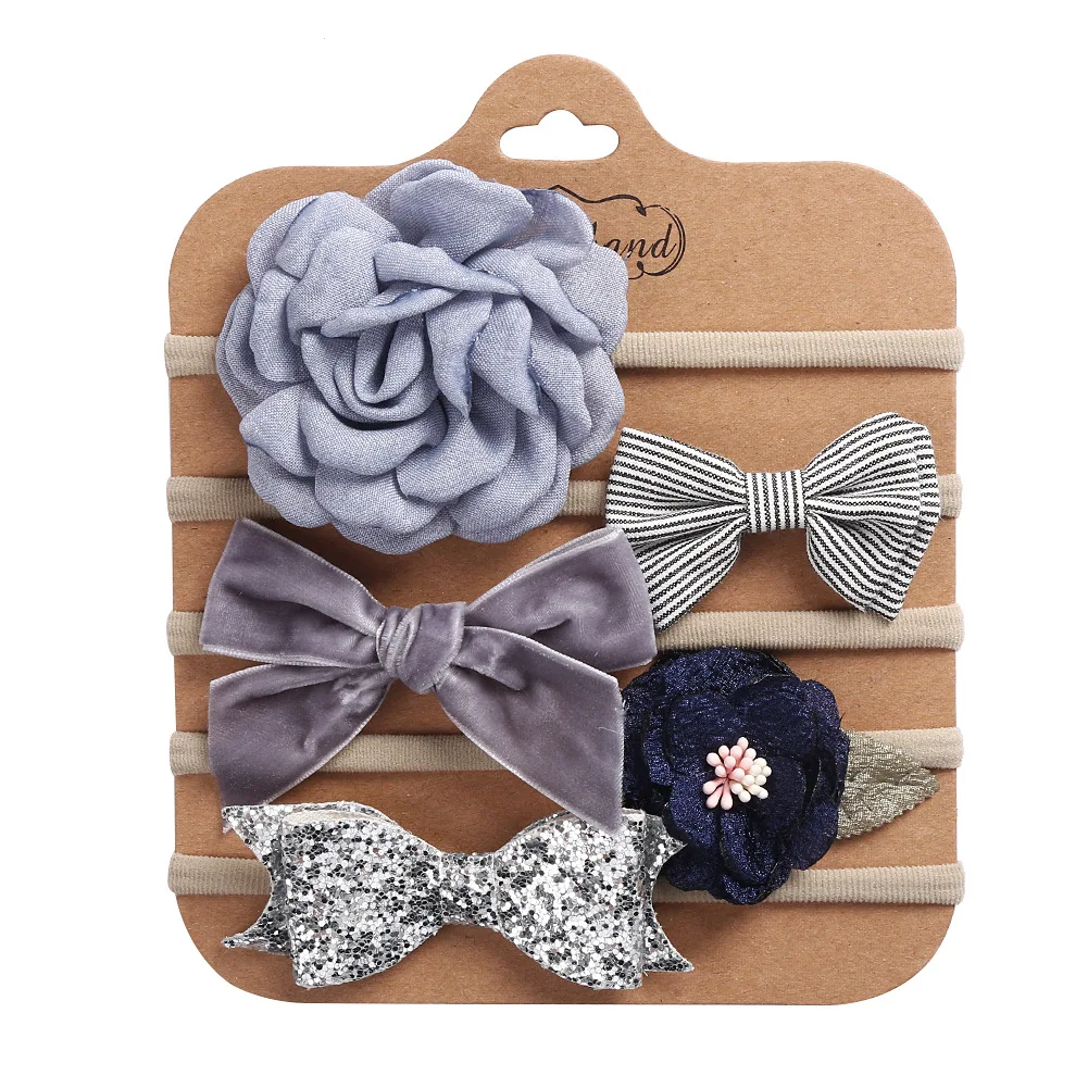 Wholesale Fashion Hairwear 5pc/set Artificial Fabric Flower Bow Baby Headbands Elastic Hairband Newborn Gift Photo Props