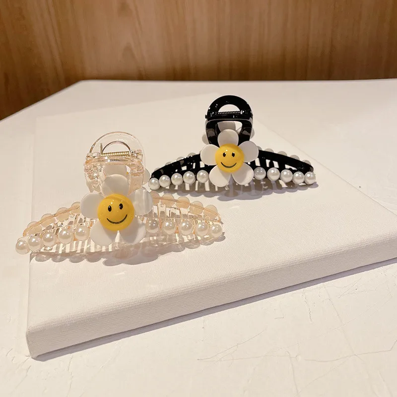 
Mgirlshe Hairclips NonSlip Hair Claw Clips for Women Girls Large Hairgrips for Thick Hair Happy Face Pearls Acrylic Barretes 