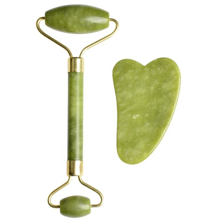 Private Label Skin Lifting Facial Massager Natural Gemstone Green Jade Roller Gua Sha Set