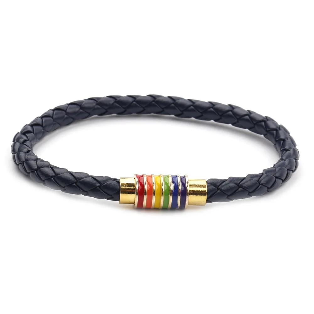Genuine Braided Leather Bracelet Custom Women Men Stainless Steel  Rainbow Magnetic Clasp Charms Bracelet Gift Gay Pride Black B