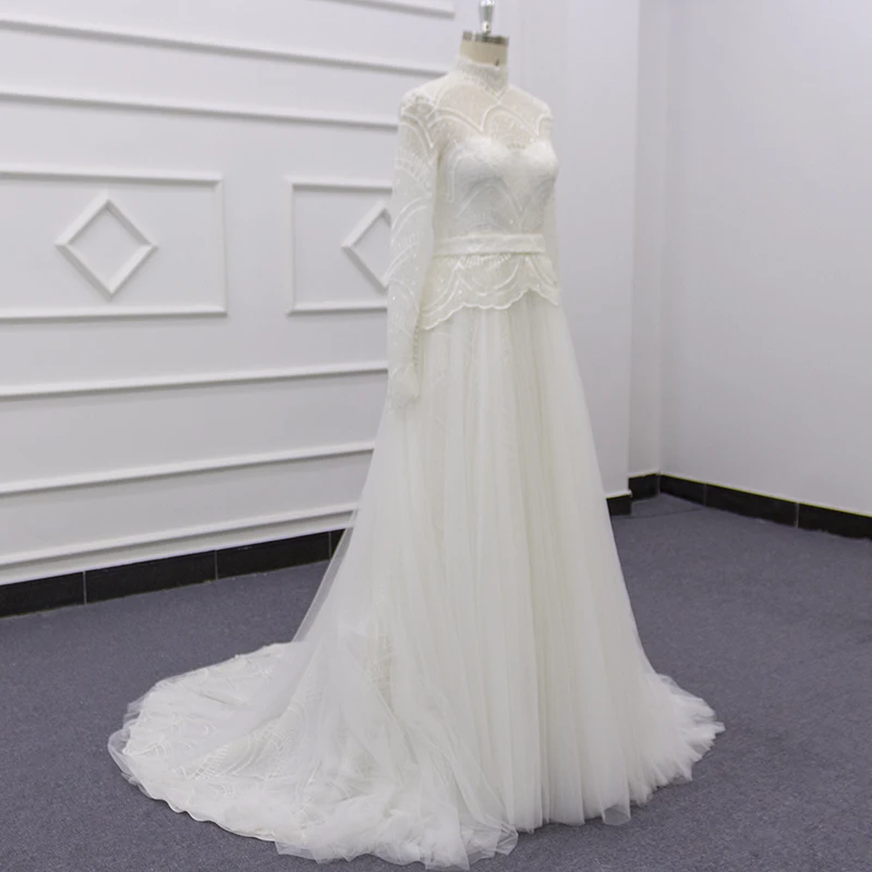 Eslieb SJ253 White Long Sleeve Muslim Women Arabic Dubai Abaya Kaftan Style Wedding dress Party Prom Dresses