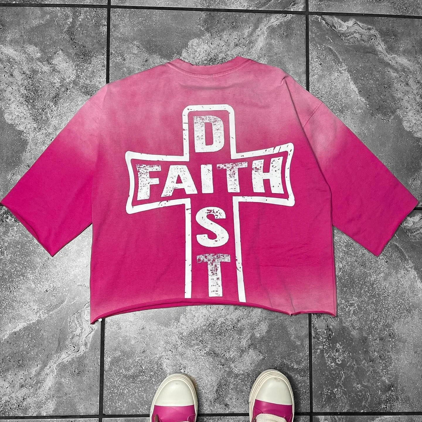 Custom Streetwear Screen Print Cut Raw Hem Boxy Cropped T Shirt Oversized Heavyweight Vintage Sun Faded Acid Wash T-Shirt