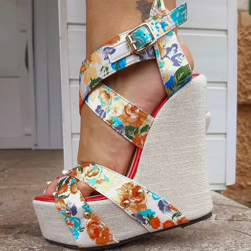 Eilyken Summer Fashion Wedge Platform Woman Sandals Shoes Buckle strap Silk Printed Sexy Female Party Casual Sandals Ladies Shoe