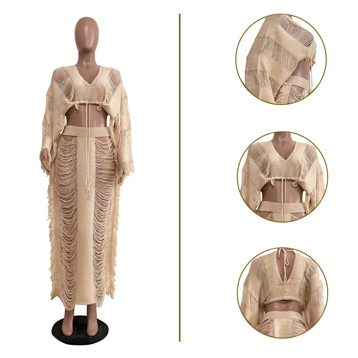 New Hollow Out 2 Piece Skirt Set 2024 Summer Beach Wear Tassel Skirt And Bra Top Set For Women Crochet Two Piece Skirt Set