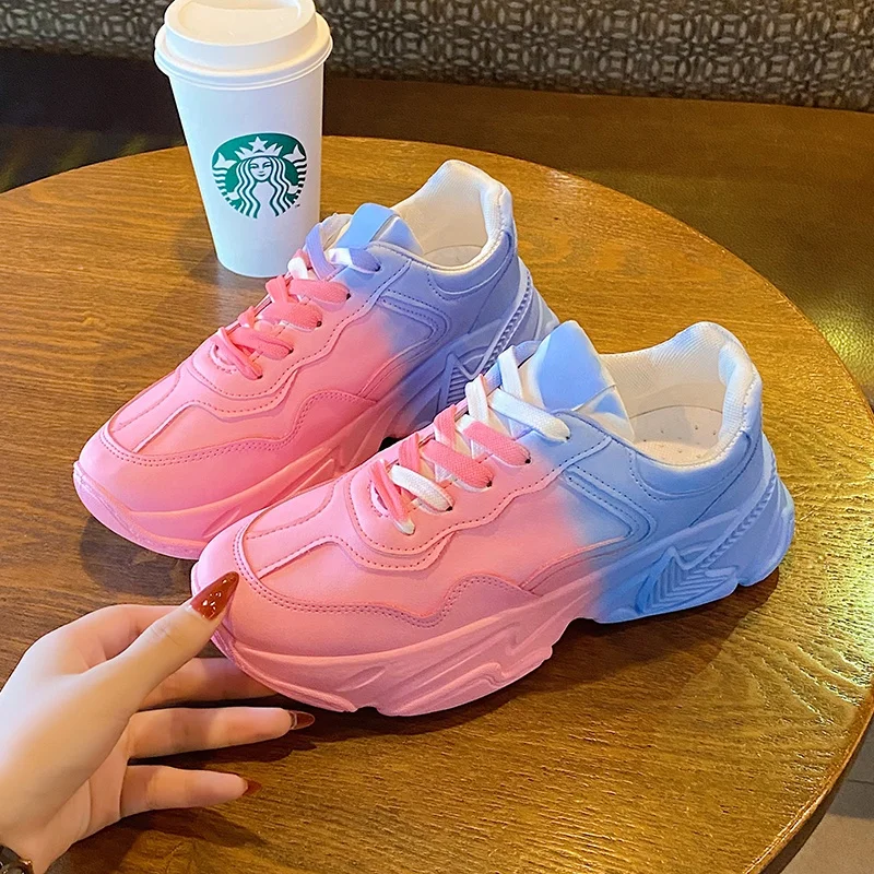 Women 5 CM Heel Chunky Shoes Large Size 35-41# Pink Color With Blue Or Green Color Block Shoes