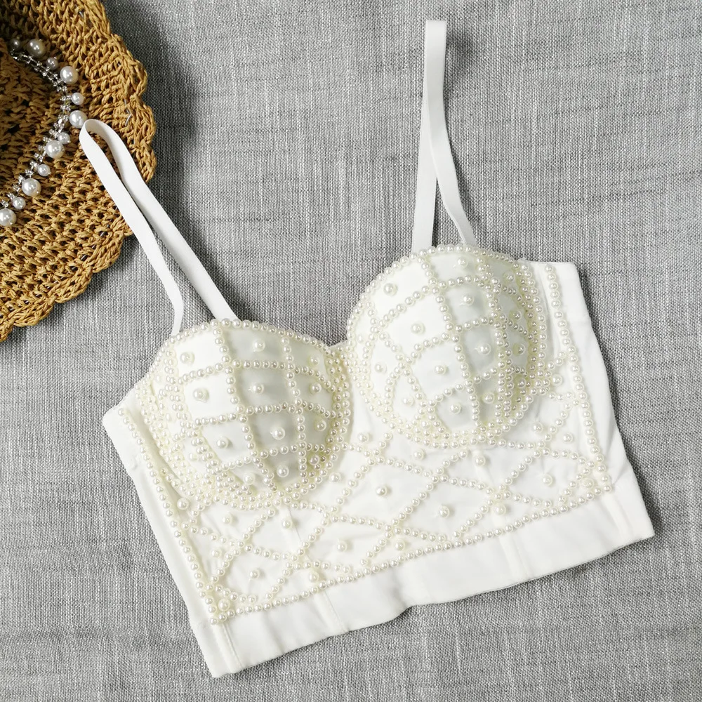 sexy nightclub dance inside wrap chest pearl camisole outside wear short gathered fishbone corset top vest