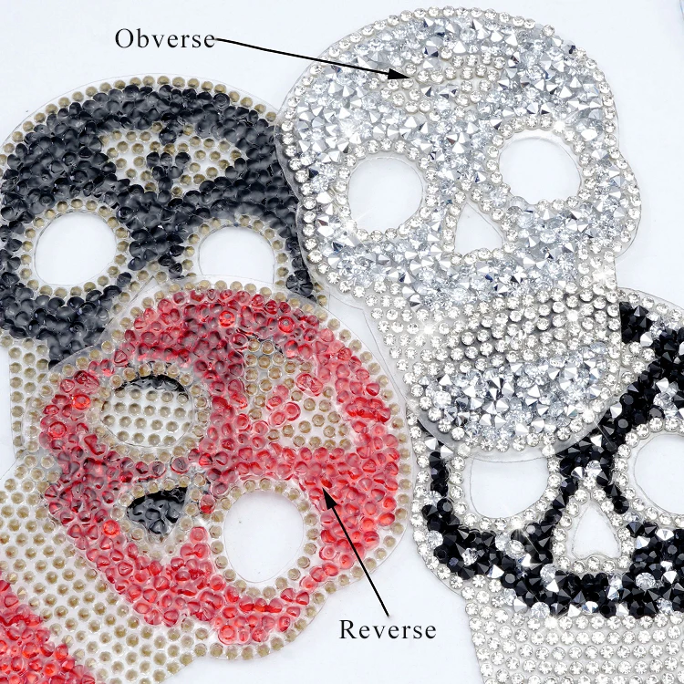 Wholesale black red crystal patches applique patches skeleton iron on bling rhinestone beaded horror skull patches for clothes