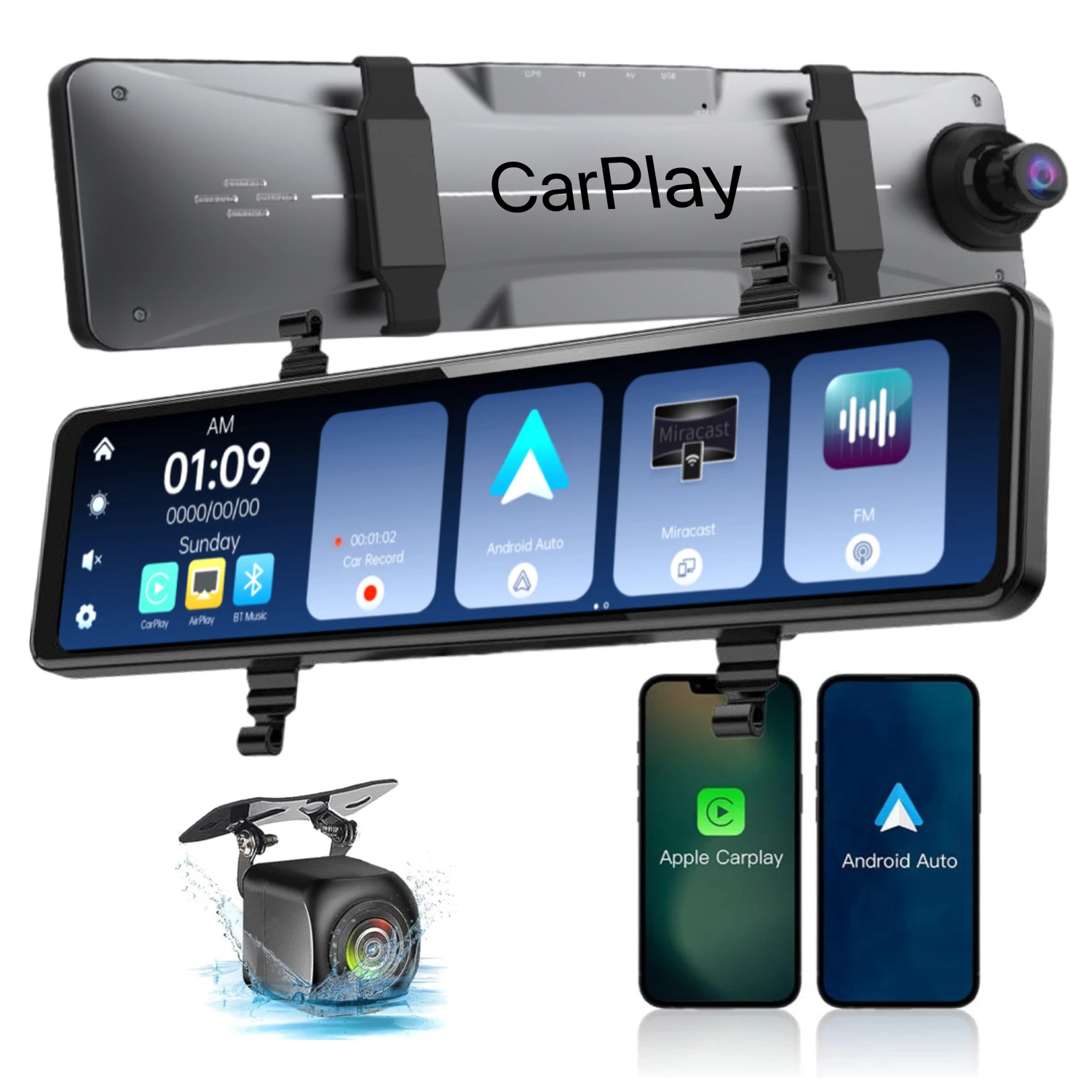 12 дюймов 4K Carplay Android авто зеркало заднего вида видеорегистратор автомобильный Bluetooth сенсорный экран автомобиля черный ящик передний и задний