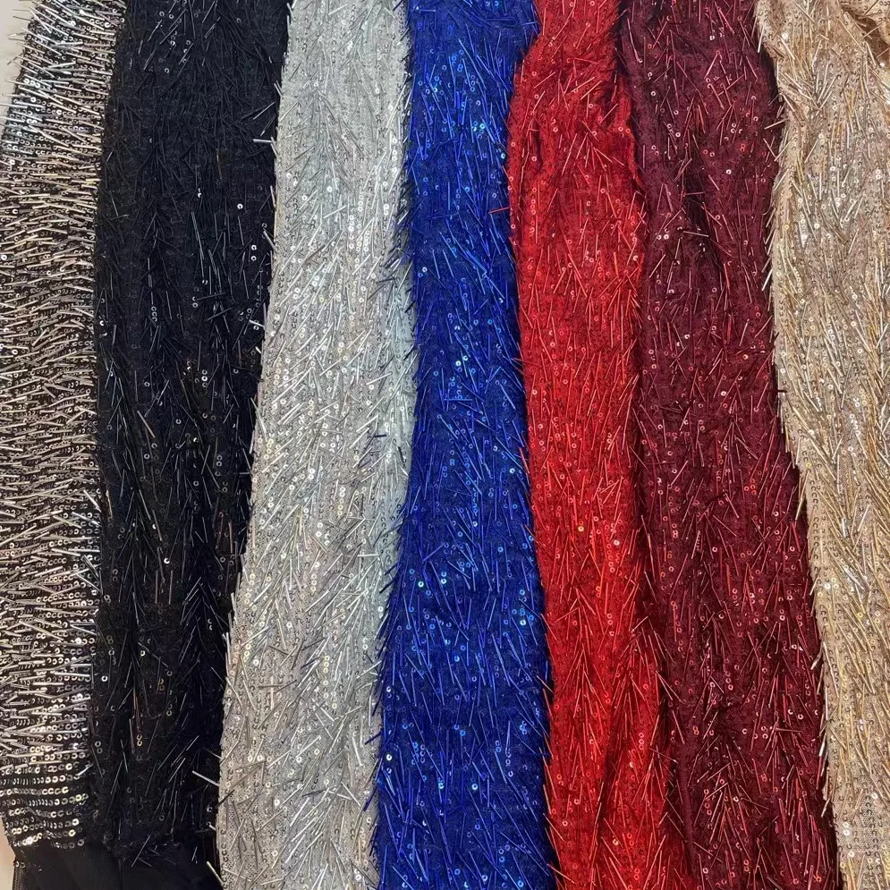 LIHUAN Custom 3D Geometric Design Chainmail Sequin Fabric Lace Mesh Beaded Sequin Embroidery Fabric With Glitter For Party Dress