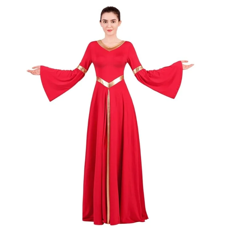 Liturgical Worship Costume Bi Color Bell Long Sleeve Church Robe Praise wear Women Metallic V Neck Praise Dance Dress