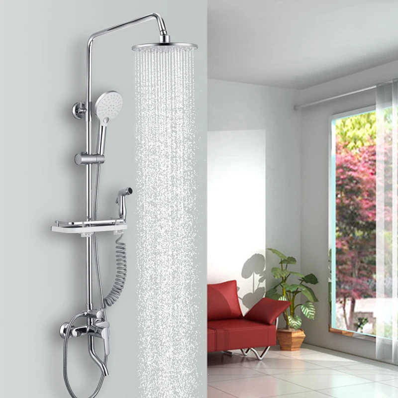 High Quality 4 Functions Chrome Wall Mounted Brass Cold Hot Shower Set With Bathroom Spray er & plastic shelf