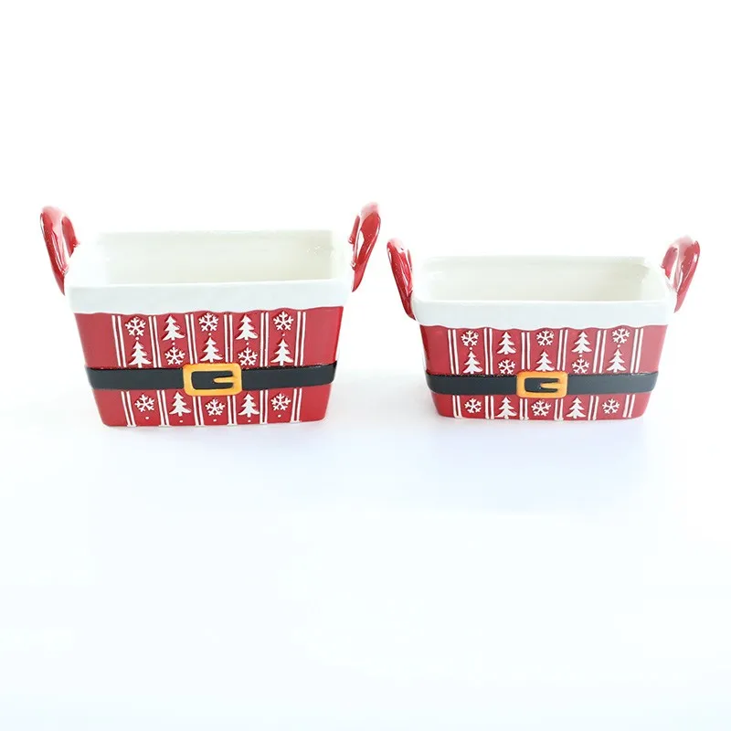 Ceramic Bowl With Two Handle Red And White Embossed Handmade Painting Xmas Festival Basket Shaped Bowl