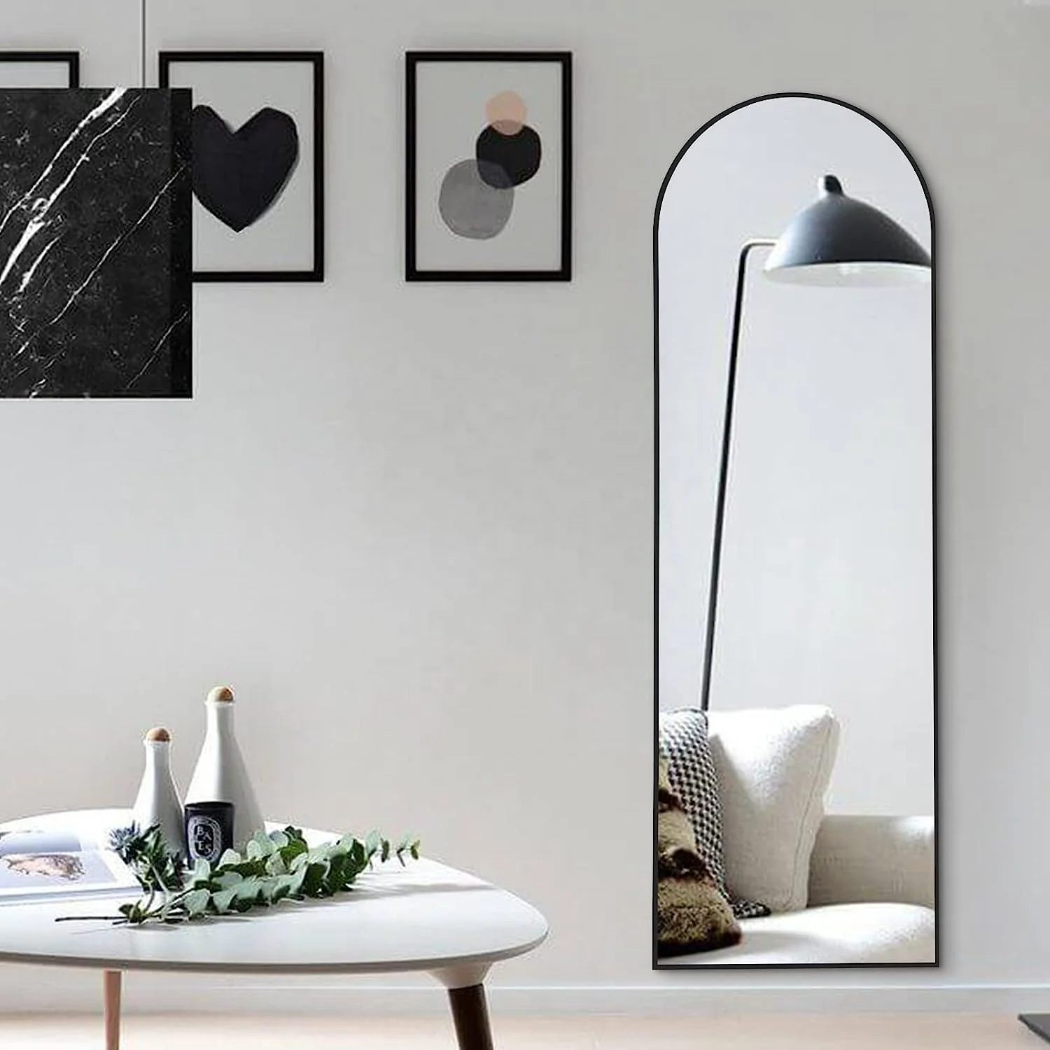 Manufacturer direct large full body dressing mirror wall mounted arched gold black aluminum frame floor mirror with stand