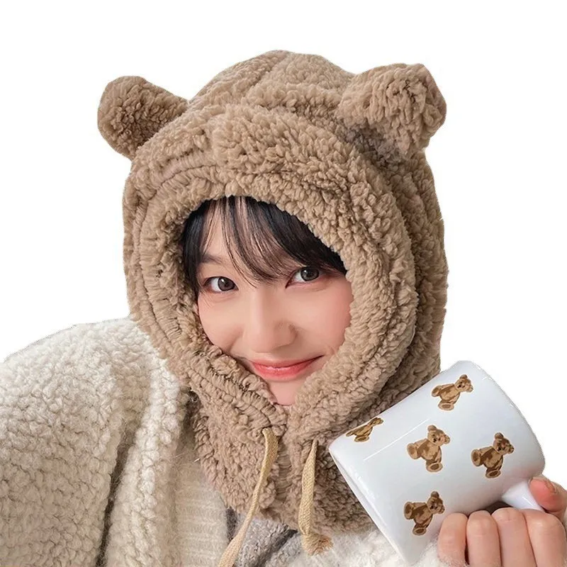 Winter 2 in 1 Scarf Hat Sets With Mask Women Plush Wool Cute Designer Anime Bear Ear Thermal Neck Warm Hat Set