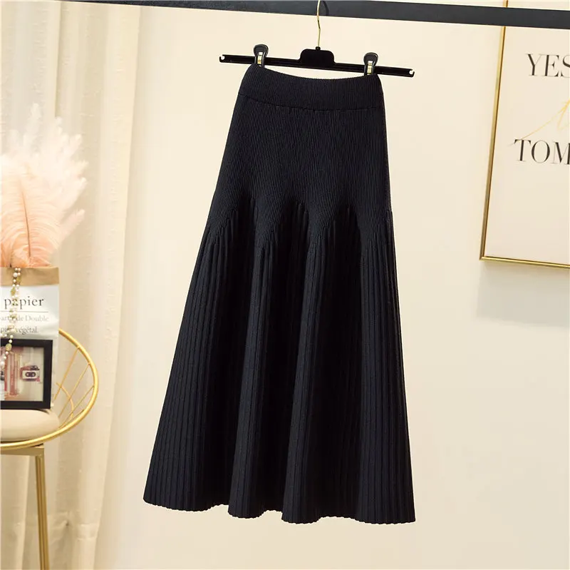 2022 New Autumn And Winter Mid-length Solid Color A-line Skirt Casual All-match Knitted Pleated Half-length Skirt Elegant skirt