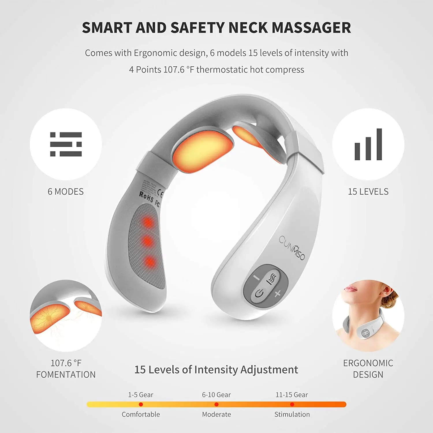 The Cordless Electric Neck Massager Has Six Output Pulses And 15-Level Intensity Remote Control Operation Is More User-Friendly