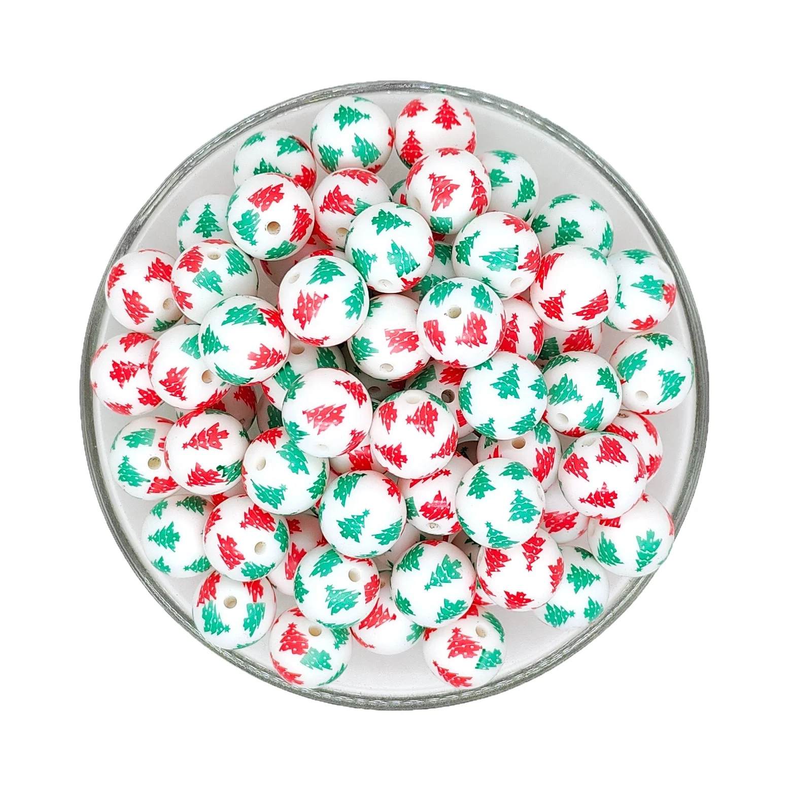 15mm Red Green Christmas Tree Print Round Silicone Beads For Diy Craft Holiday Jewelry Making
