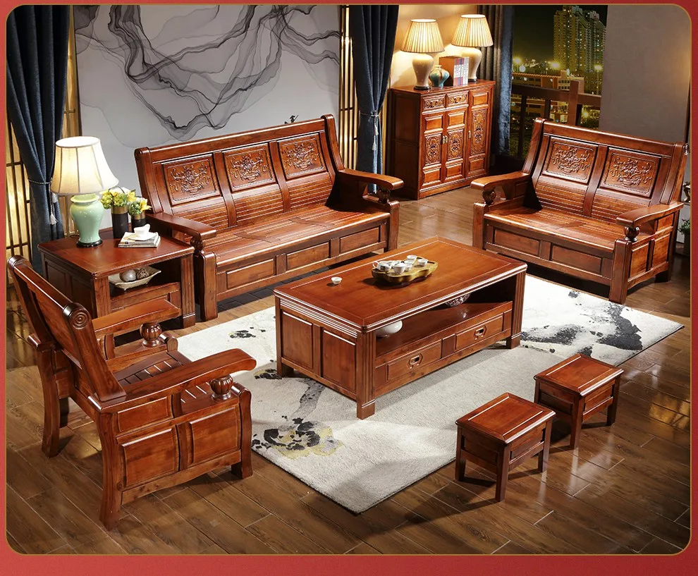 Real wood sofa mortise tenon structure carved flowers camphor wood sitting room sofa tea table sitting room furniture set