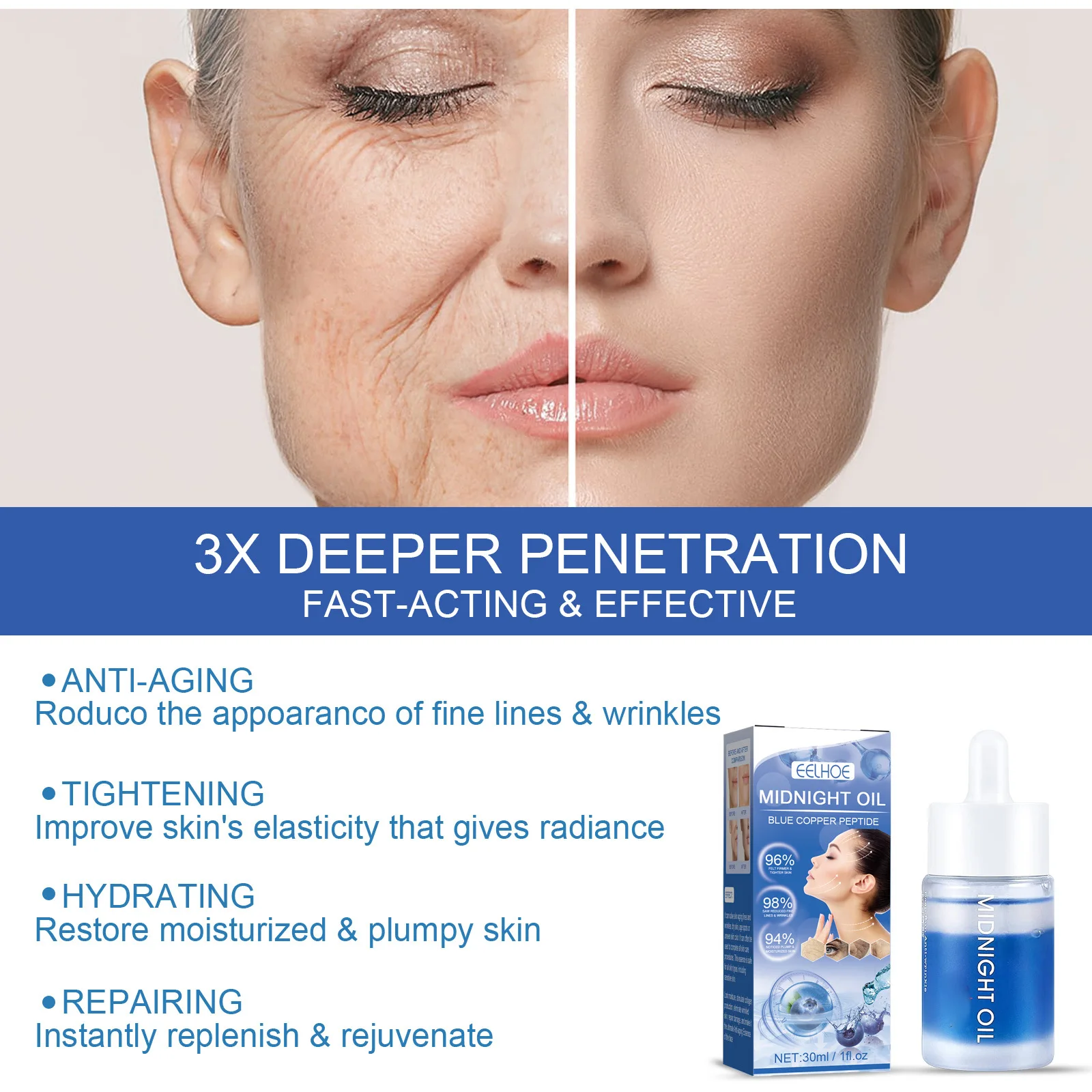 Blue copper peptide anti wrinkle essence, skin repair, fade fine lines, tighten, anti wrinkle