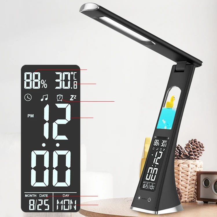 Portable table led light lamp clock lcd display screen calendar battery rechargeable desk reading lamps with cartoon animal