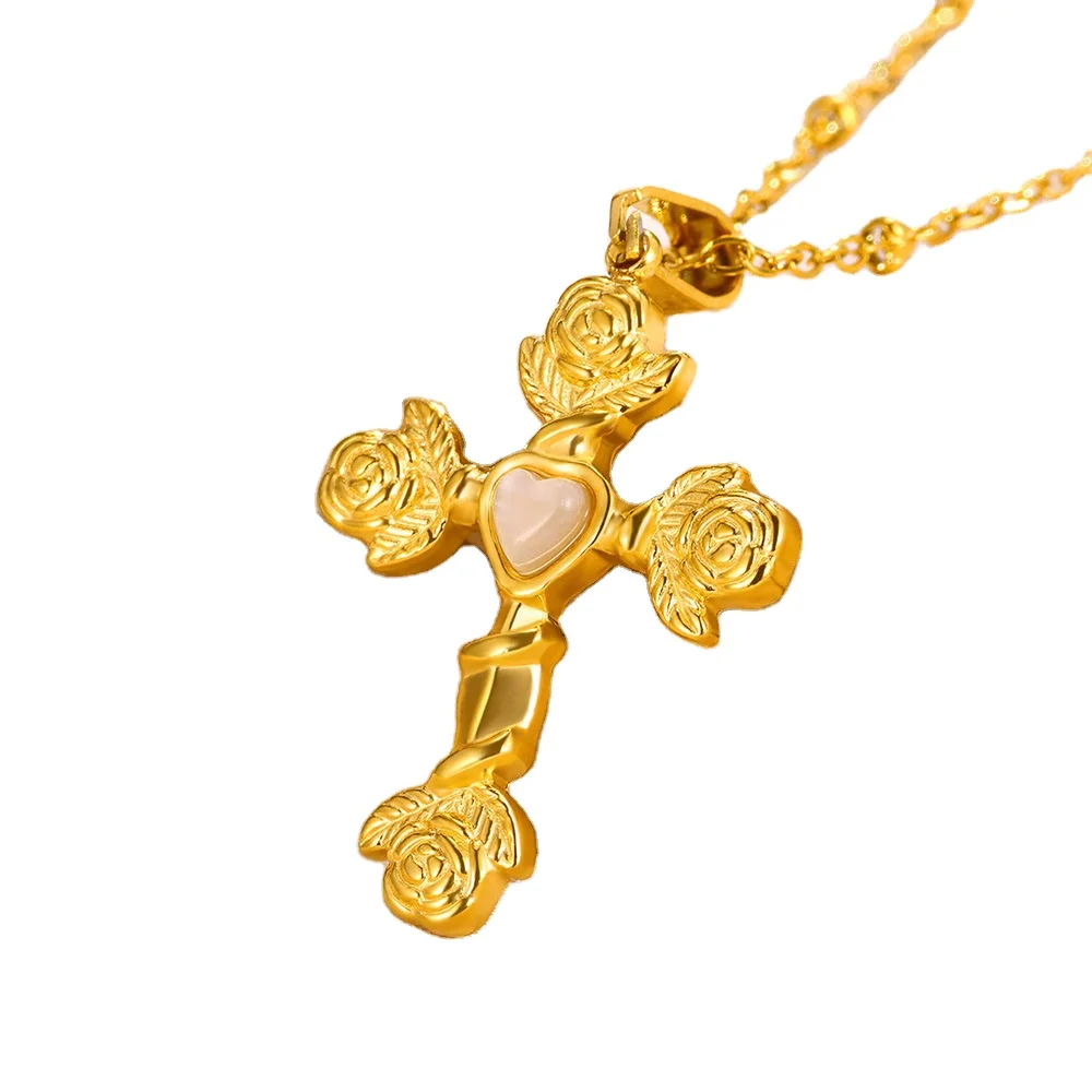 Duoying Stainless Steel Inlaid Natural Stone Rose Flower Shape Heart Gold Plated Cross Necklace For Women Party