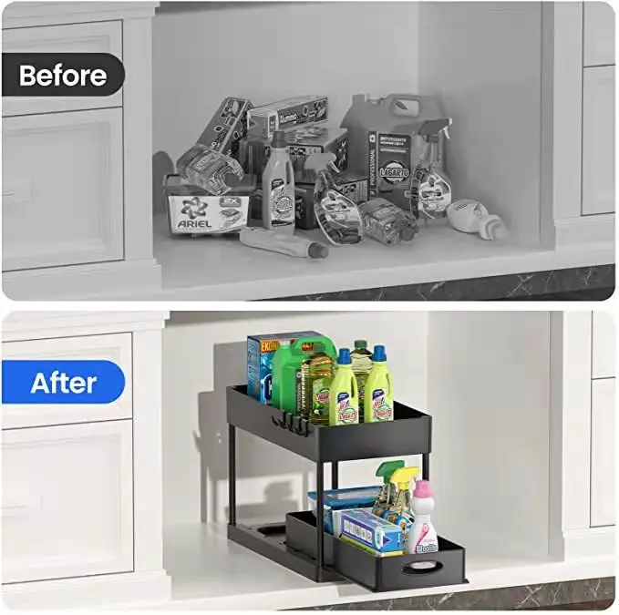 Kitchen Two-Layer Black Shelf Telescopic Sink Shelves Storage Rack