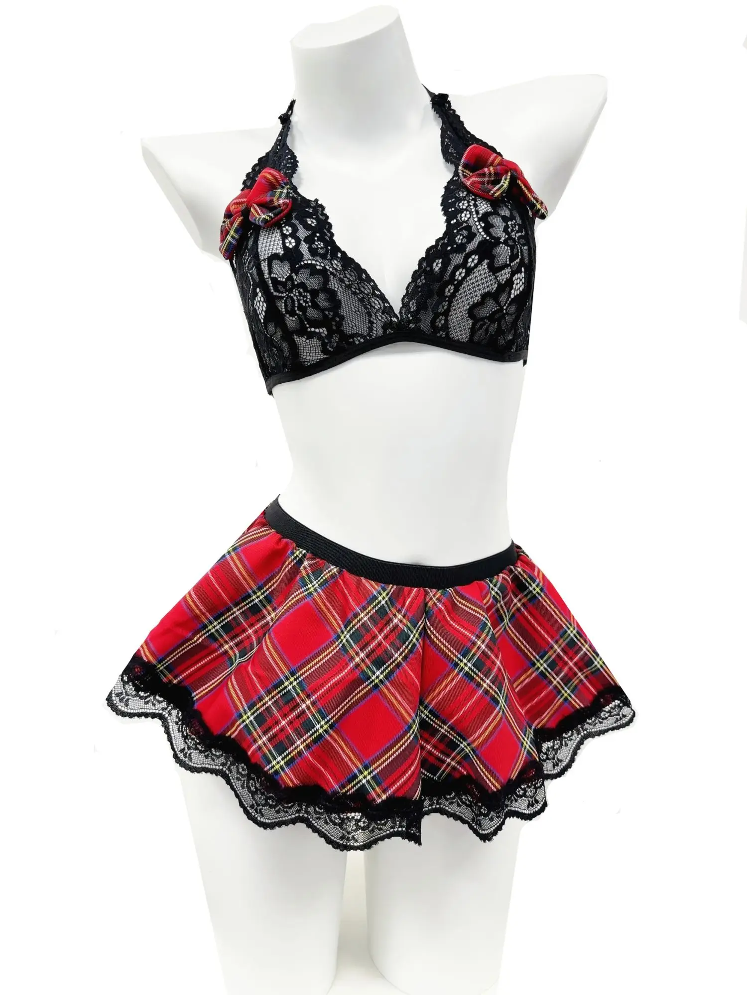 JSMANA Lingerie Set for Women Sexy Lace Two Piece Lingerie Outfits with Tie Top and Mini Pleated Skirt Set Cosplay Lingerie