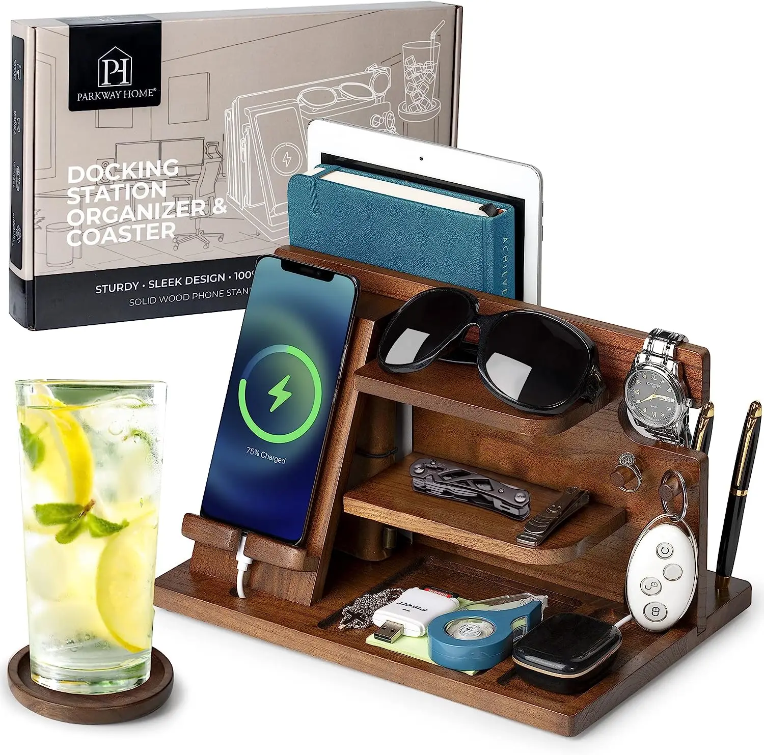 Wooden Ash Valet Tray Bedside Caddy Nightstand Organizer Wood Phone Docking Station For Men