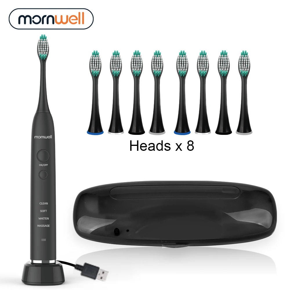 Mornwell USB Sonic Power Tooth Brush With 1pc Travel UV Case 8 Replaceable Brush Heads Cheap Black Electric Toothbrush Travel