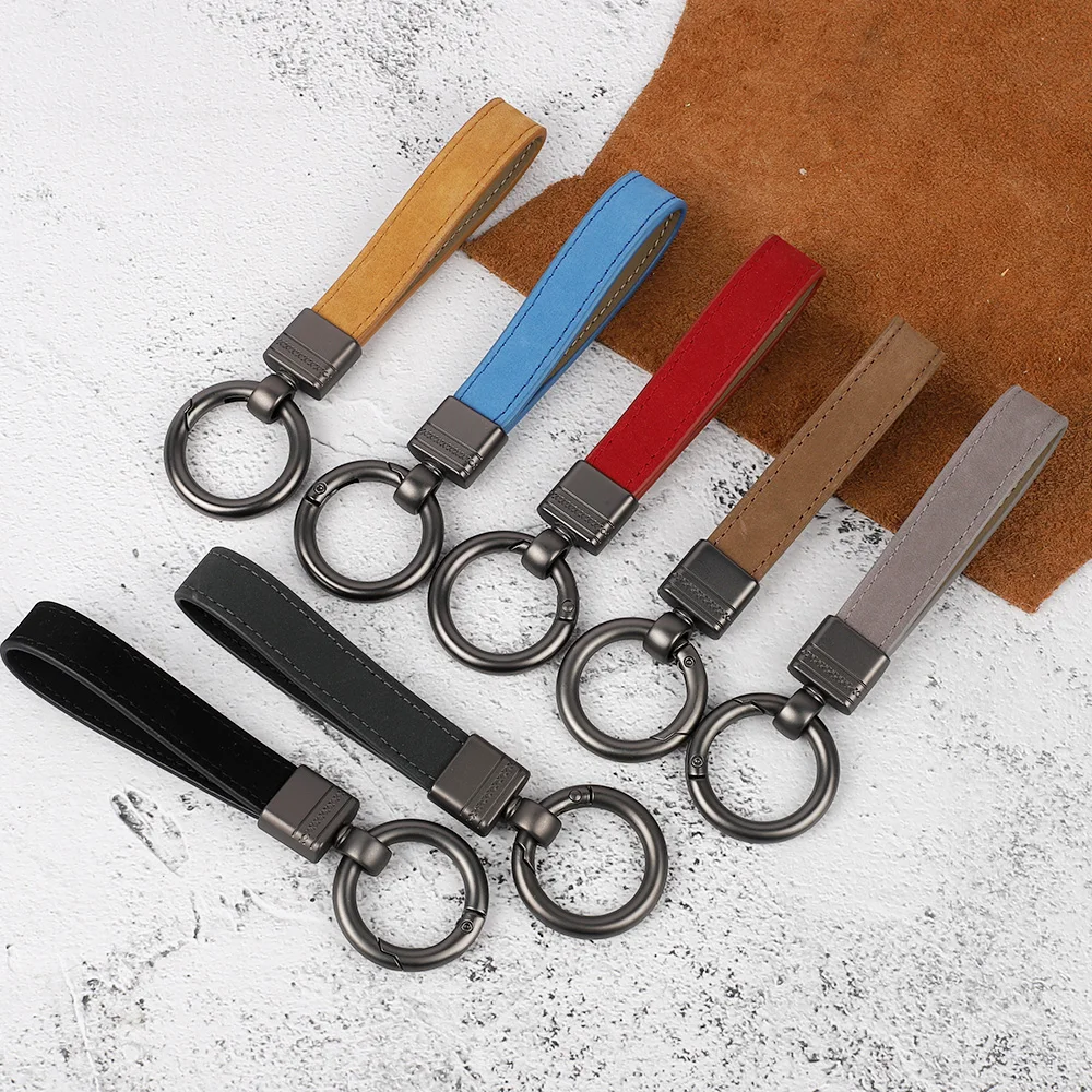 Wholesale Handmade Colorful Personalized Custom Logo Leather Genuine Leather Keychain with Silver Key Ring
