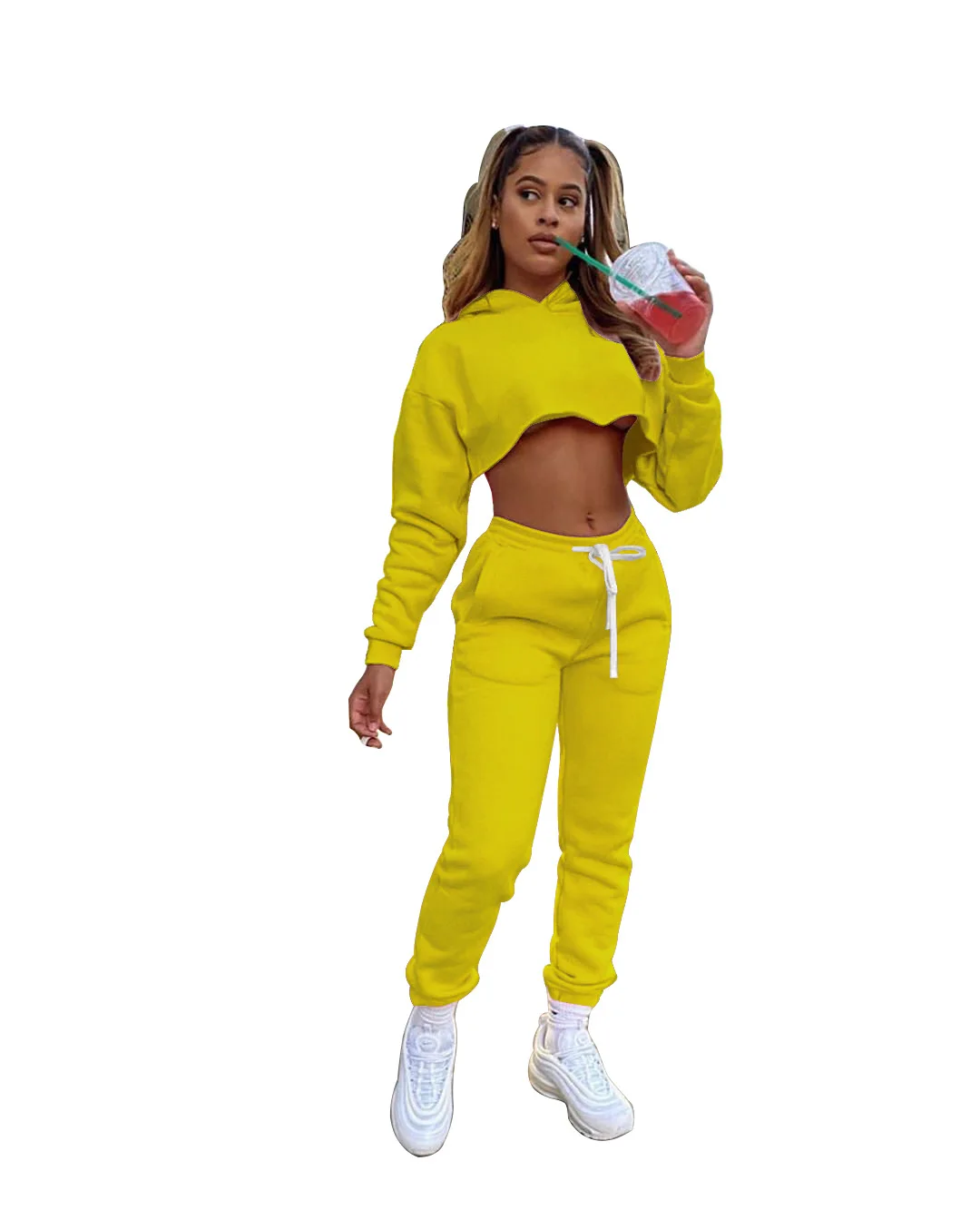 
2021 New Arrivals Fashion Plus Size Women Casual Hooded Long Sleeve Crop Waist Drawstring Pants Solid 2 Pieces Set Tracksuit 