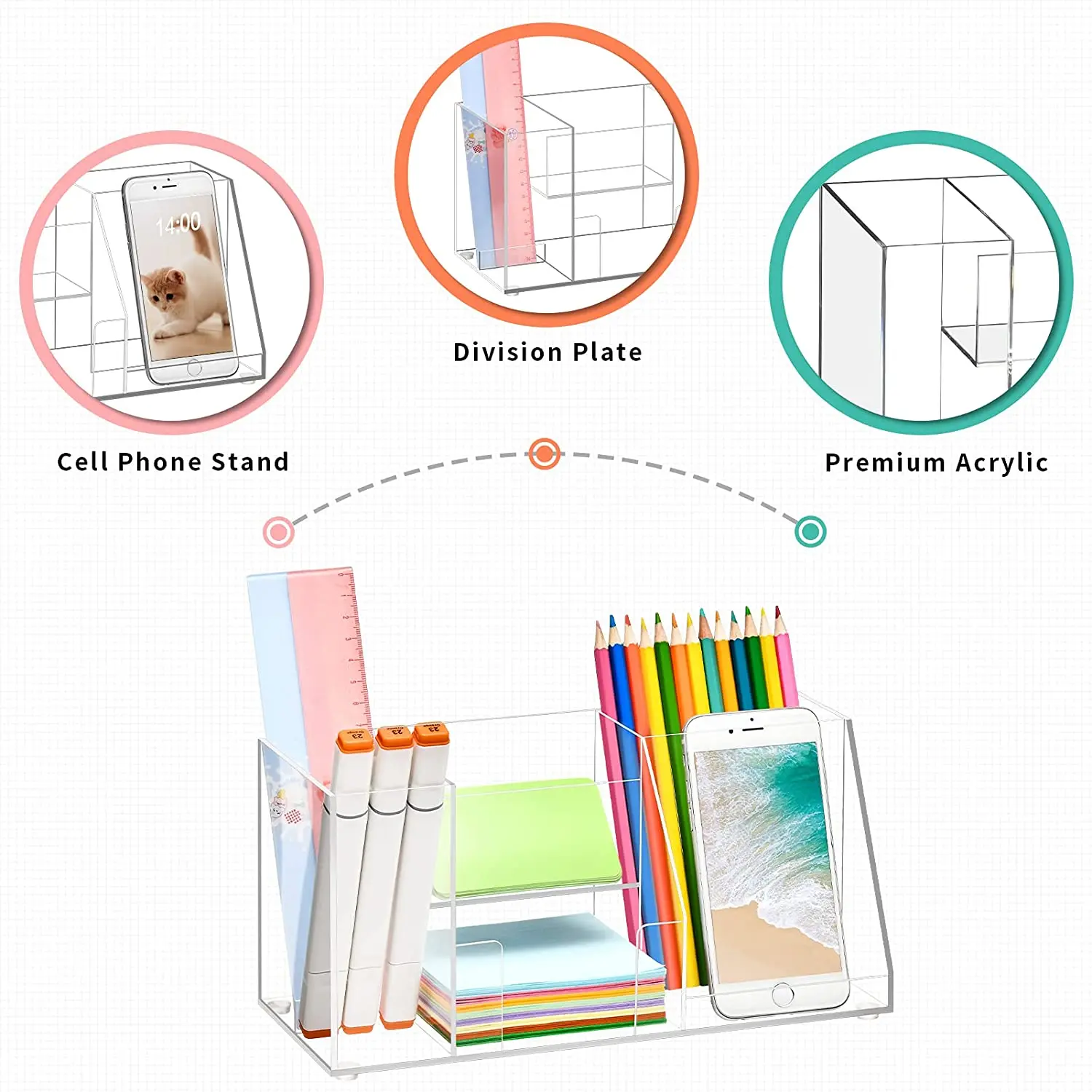 Acrylic Office Desk Storage Box Pen Holder With Compartment With Note Holder Phone Stand Holder For Office School Storage Use