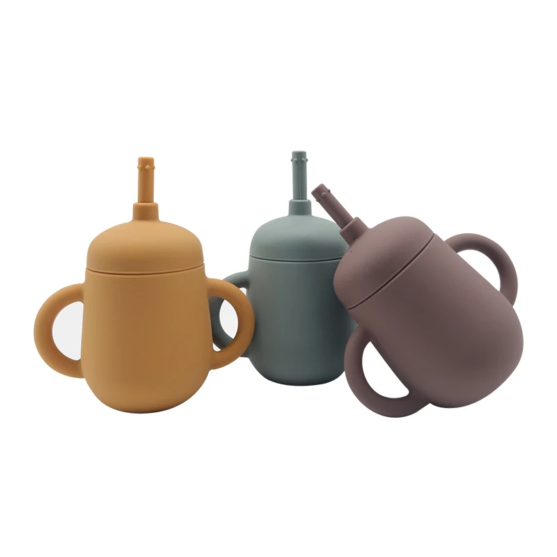 200mL Portable Unbreakable Kids Toddler Baby Training Soft Silicone Water Drinking Sippy Cup With Straw and Handle
