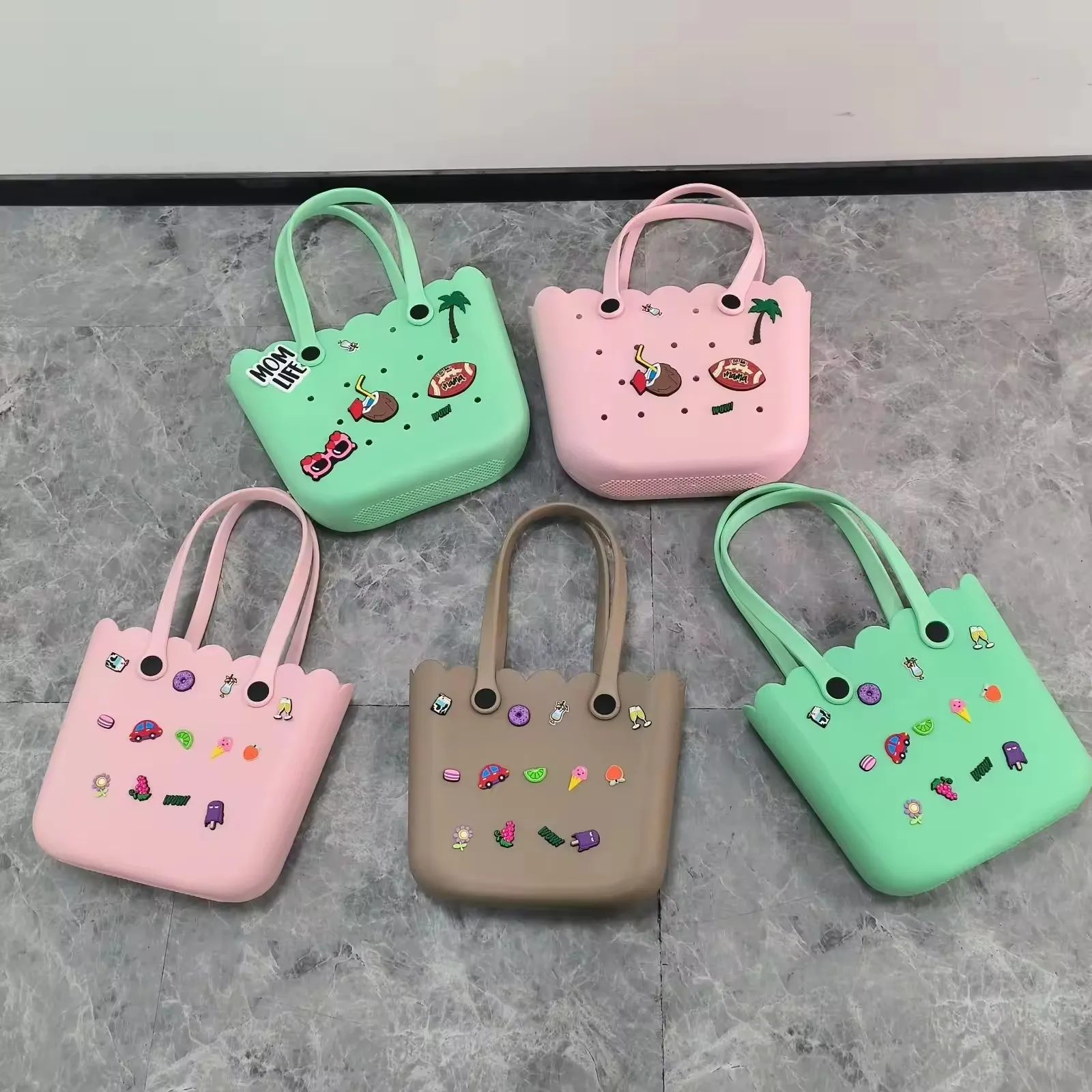 Rubber Silicone Summer Beach Tote Bag with Holes Candy EVA Ladies Handbags Bucket  Unisex Flower Bag Lady Bag Open