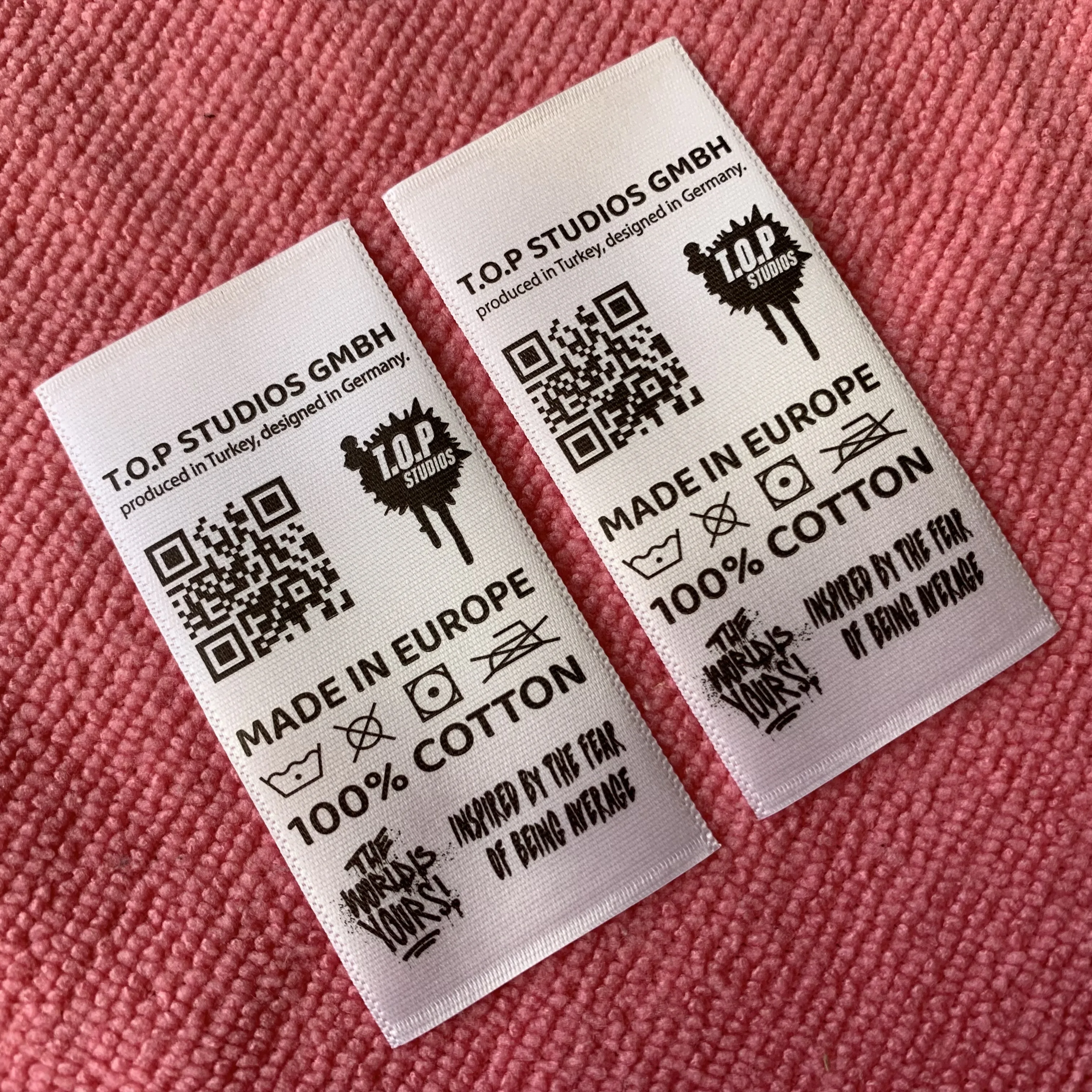 straight cut printing QR code washing care satin label,inside clothing neck label for streetwear