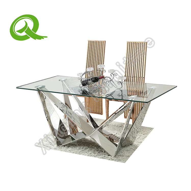 
rectangle modern style mirrored mesa de comedor tempered glass stainless steel leg table base rectangle dining table 