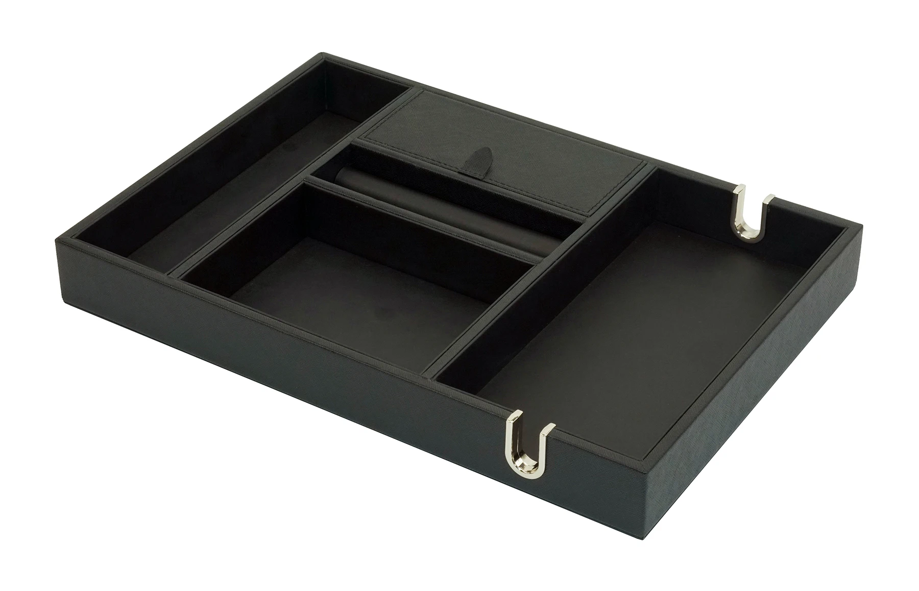 Sonny Black Leather Nightstand Organizer Catchall Dresser Top Storage Mens Valet Tray with 5 Compartments