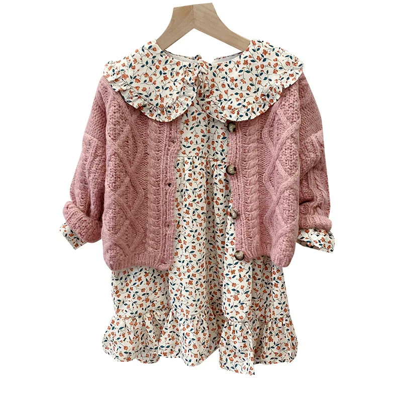 
2020 New Product Set Dress Girl Flowers Long Sleeve Dress And Solid Color Sweater 2pcs Sweet Lovely Dress For Kids Girl Set 