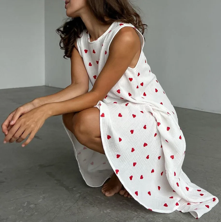 New Arrival Spring Sexy O Neck Nightdress Love Print White Pajamas Sleeveless Night Gown Cotton Homewear Dress Ladies