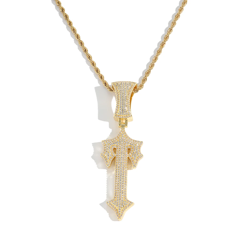 New Hiphop Jewelry Full Paved Iced Out Cubic Zircon Diamond Cross Sword Pendant Necklace Jewelry For Men